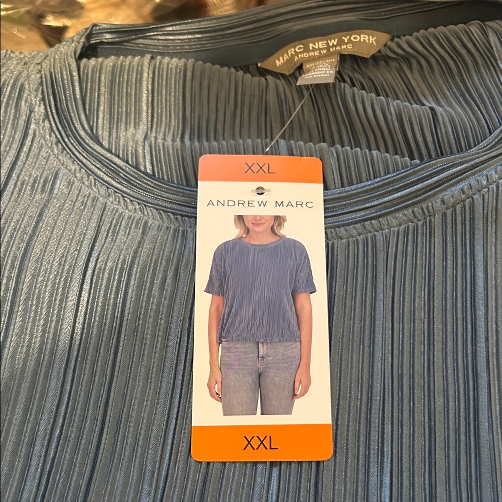 Andrew Marc Metallic Blue Pleated Top XXL